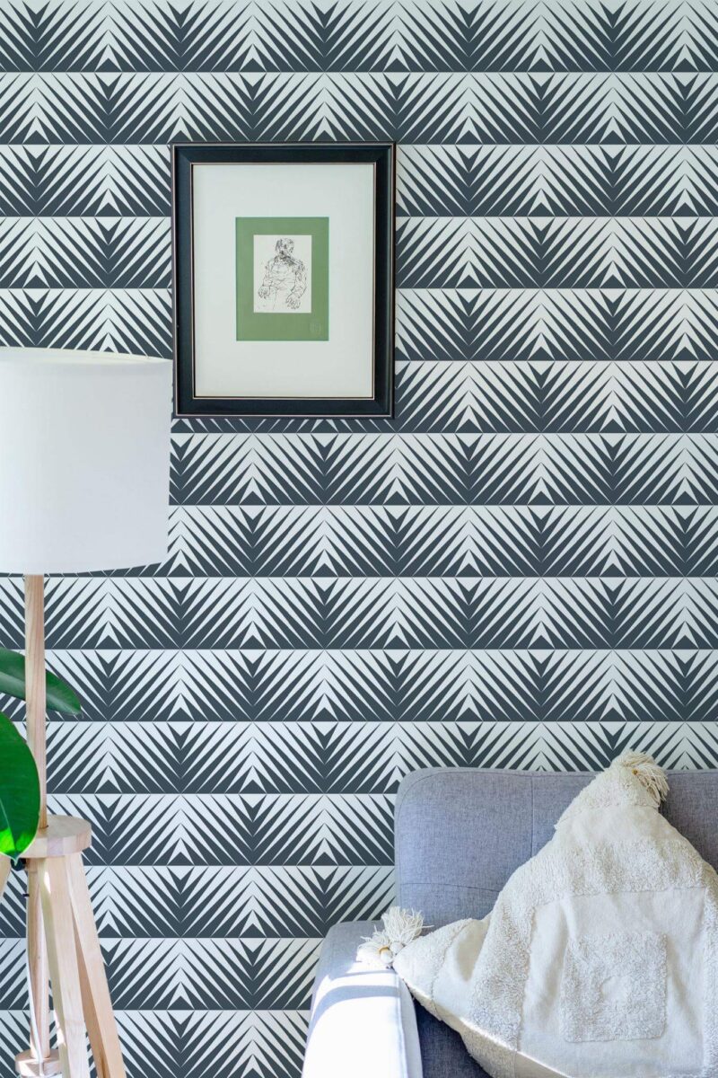 Eastern European style living room decorated with Geometric pattern peel and stick wallpaper