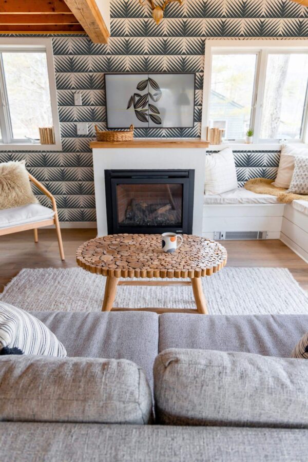 Farmhouse boho style living room decorated with Geometric pattern peel and stick wallpaper