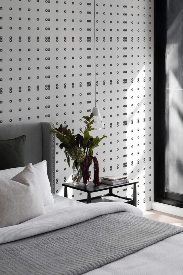 Scandinavian style bedroom decorated with Geometric polka dot peel and stick wallpaper