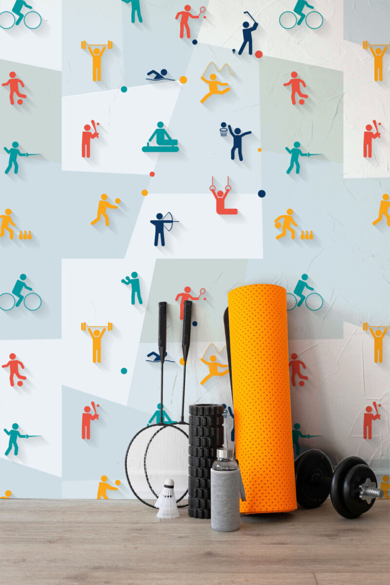 Dynamic Sports Pictograms Wall Mural with colorful pictograms on a gray geometric background, ideal for gyms, game rooms, and active play areas.