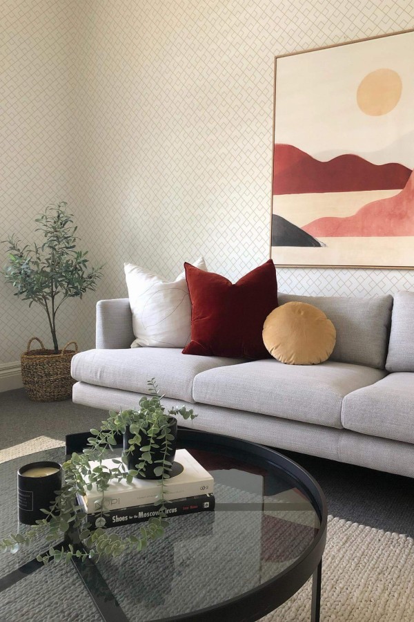 Boho style living room decorated with Geometric squared peel and stick wallpaper