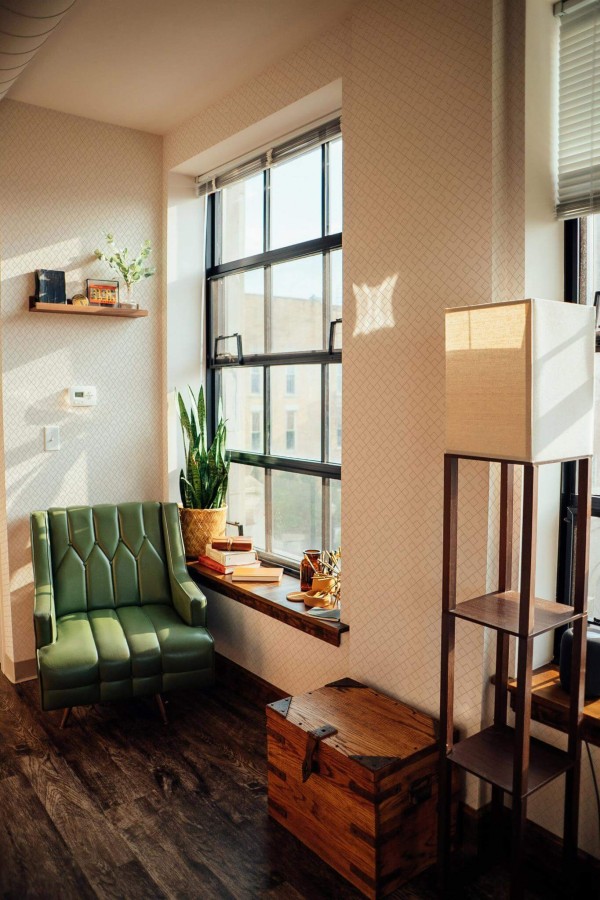 Mid-century style living room decorated with Geometric squared peel and stick wallpaper