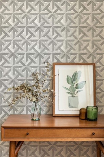 Mid-century modern style living room decorated with Geometric stone tile peel and stick wallpaper