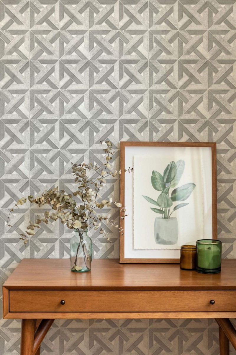 Mid-century modern style living room decorated with Geometric stone tile peel and stick wallpaper