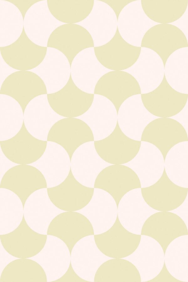 Close-up of Cozy Coffee Shop Classic wallpaper revealing curved mid-century shapes in beige and pastel green. The soothing color palette and rhythmic tile design are perfect for eclectic kitchen backsplashes or soft café-style spaces.