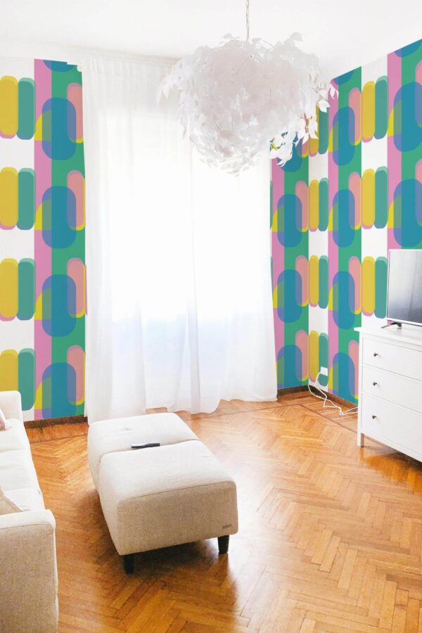 Modern boho style living room decorated with Geometric transparent peel and stick wallpaper