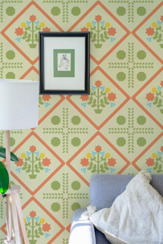 Eastern European style living room decorated with Geometrical flowers peel and stick wallpaper