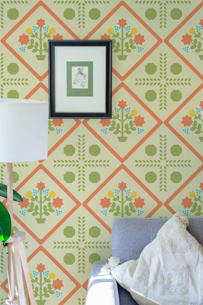 Eastern European style living room decorated with Geometrical flowers peel and stick wallpaper