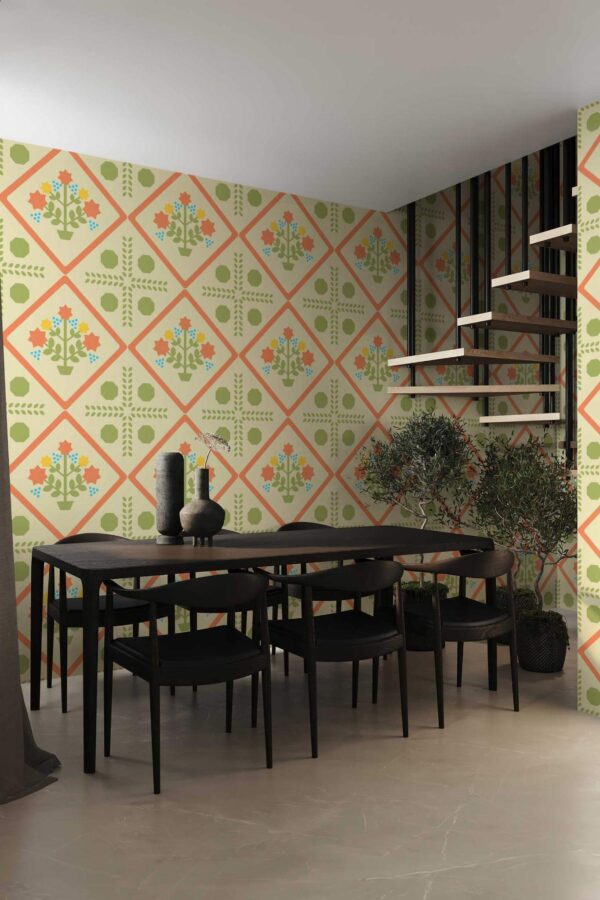 Modern industrial style dining room decorated with Geometrical flowers peel and stick wallpaper