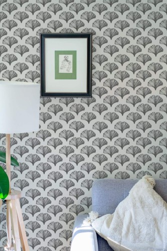 Eastern European style living room decorated with Ginkgo leaf peel and stick wallpaper