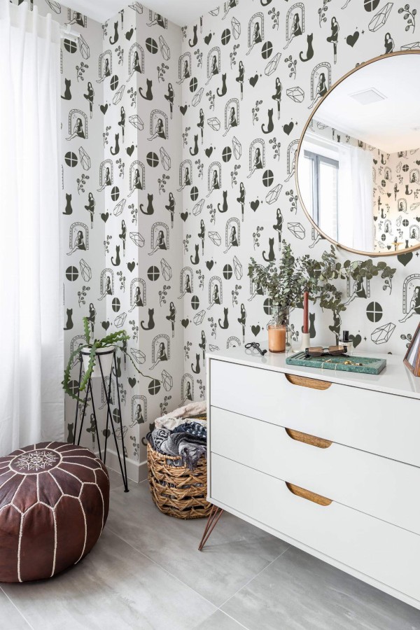 Minimal Mediterranean style powder room decorated with Girly hand drawn peel and stick wallpaper