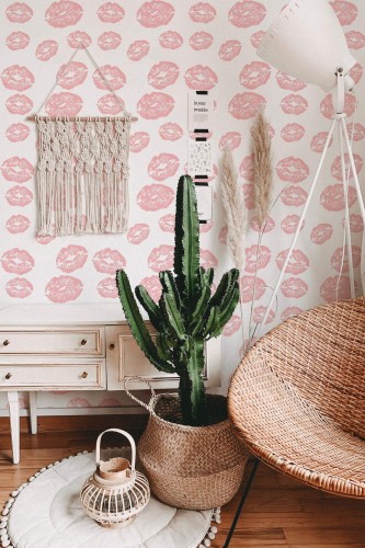 Bohemian style living room decorated with Girly pink kiss peel and stick wallpaper