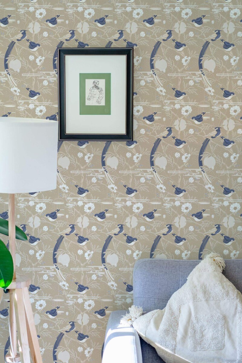 Eastern European style living room decorated with Gold blue bird peel and stick wallpaper