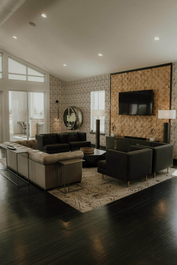 Hollywood glam style living room decorated with Gold blue bird peel and stick wallpaper