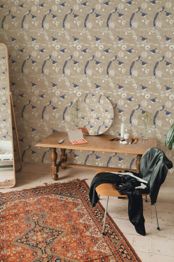 Rustic eclectic style powder room decorated with Gold blue bird peel and stick wallpaper
