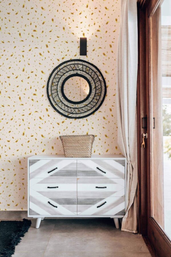 Modern farmhouse style living room decorated with Gold color confetti peel and stick wallpaper