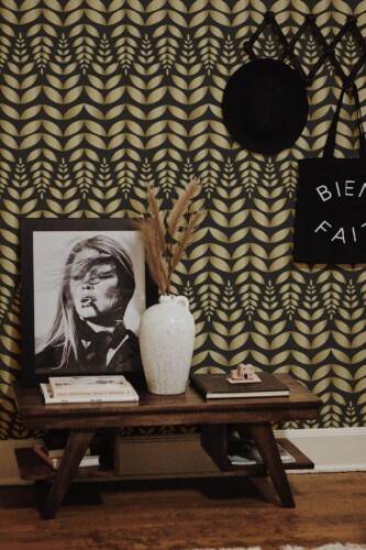 Rustic farmhouse style entryway decorated with Gold scandinavian leaf peel and stick wallpaper