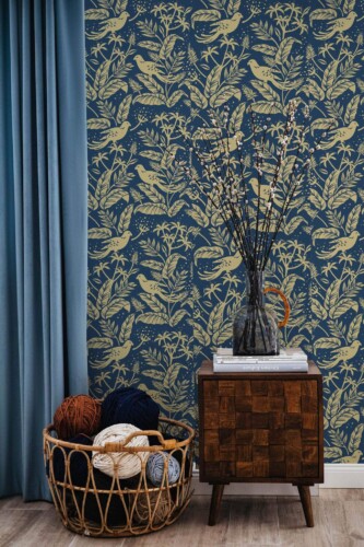 Coastal style living room decorated with Golden Bird peel and stick wallpaper