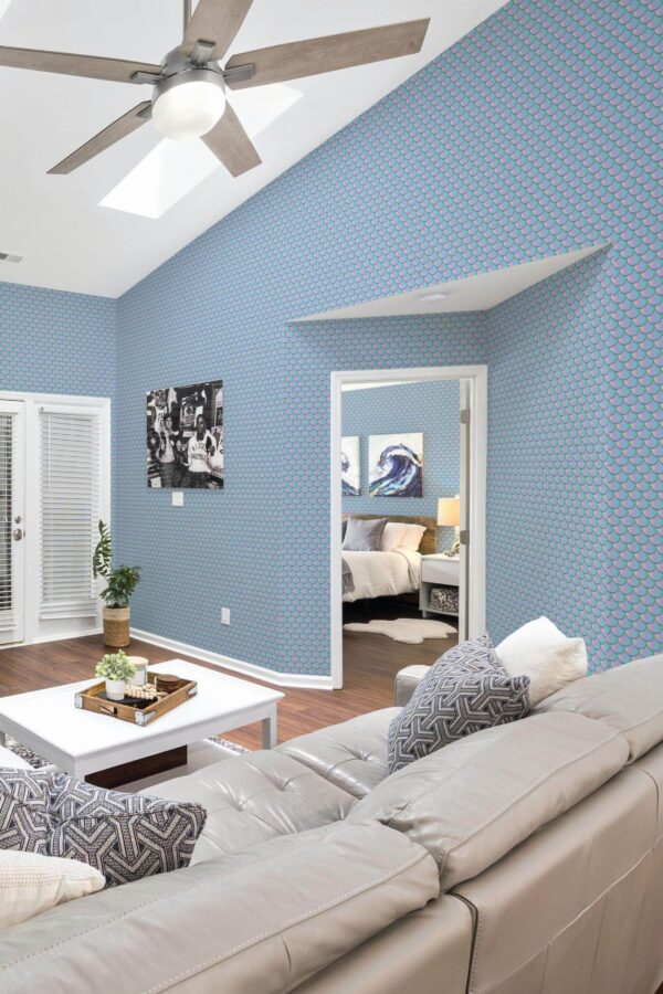 Coastal scandinavian style living room and bedroom decorated with Gradient scales peel and stick wallpaper