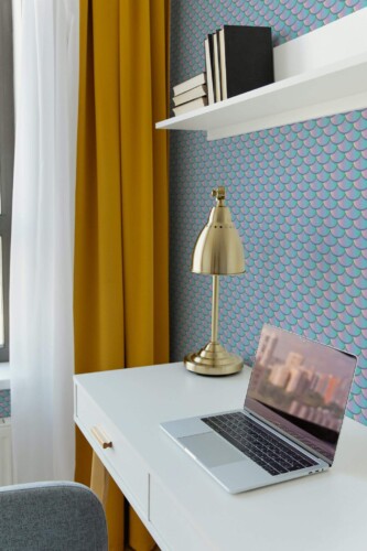 Scandinavian style home office decorated with Gradient scales peel and stick wallpaper