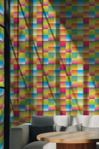 Scandinavian style living room decorated with Gradient squares peel and stick wallpaper