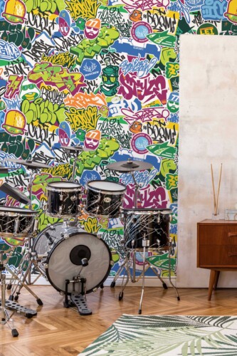 Bold Urban Graffiti Wall Mural with colorful strokes and abstract graffiti details, ideal for game rooms, kids’ rooms, and playful accent walls.