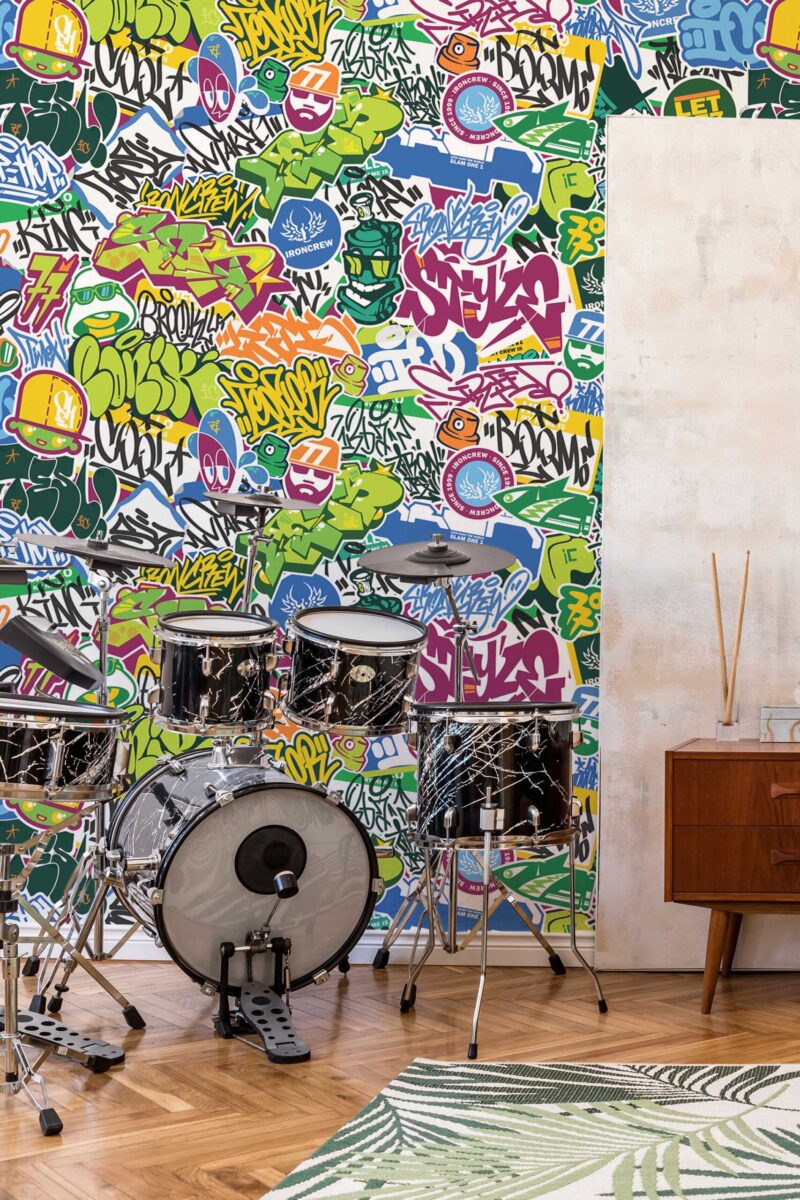 Bold Urban Graffiti Wall Mural with colorful strokes and abstract graffiti details, ideal for game rooms, kids’ rooms, and playful accent walls.