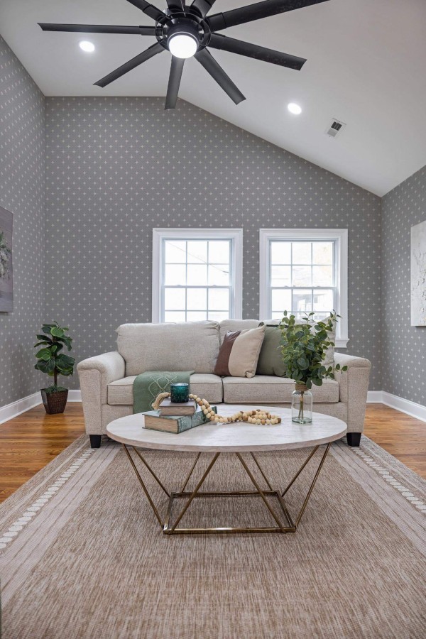 Scandinavian style living room decorated with Gray and beige retro geometric peel and stick wallpaper