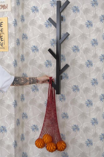 Scandinavian style kitchen decorated with Gray and blue palm peel and stick wallpaper