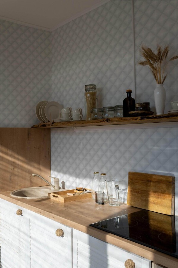Minimal bohemian style kitchen decorated with Gray and white diamond peel and stick wallpaper