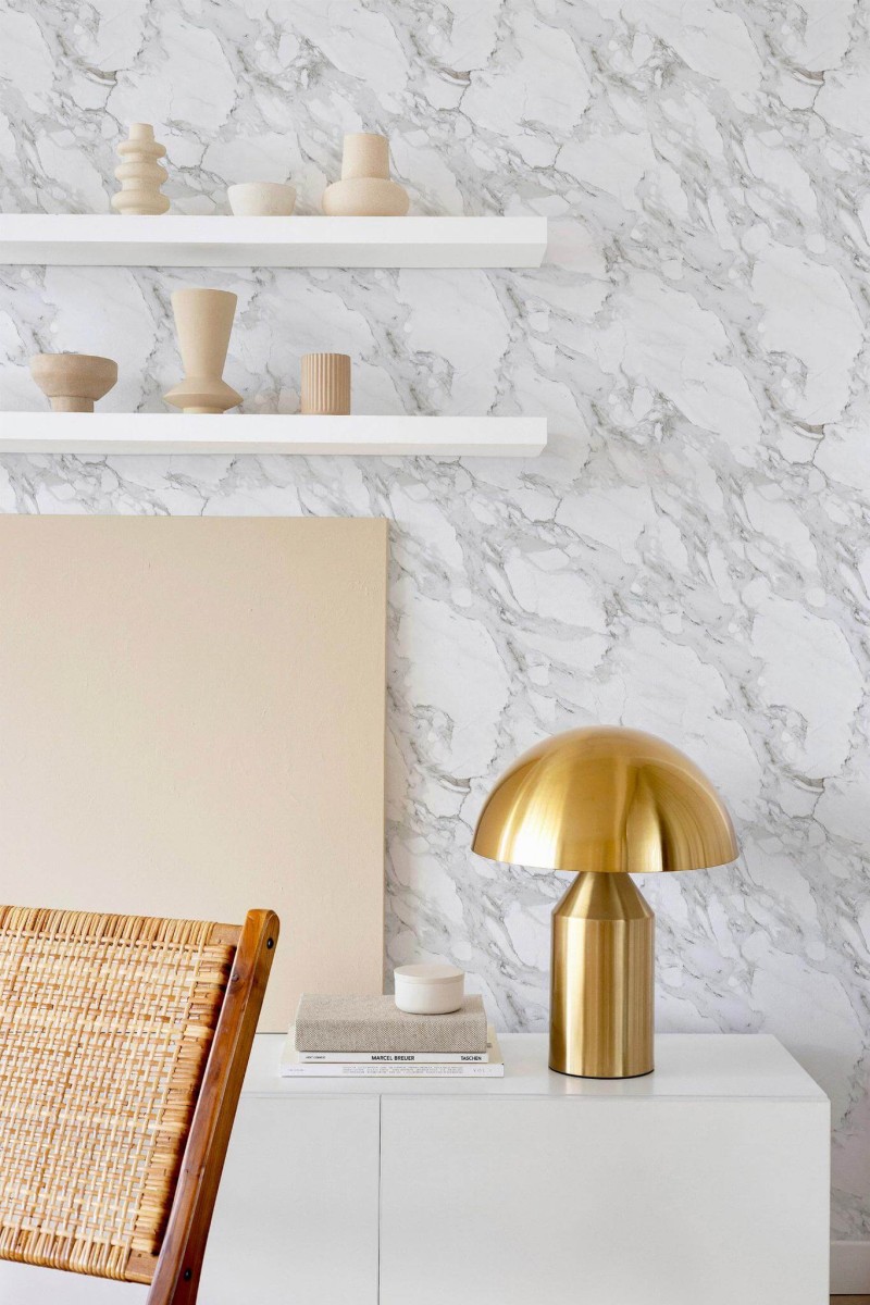 Modern style dining room decorated with Gray and white marble peel and stick wallpaper