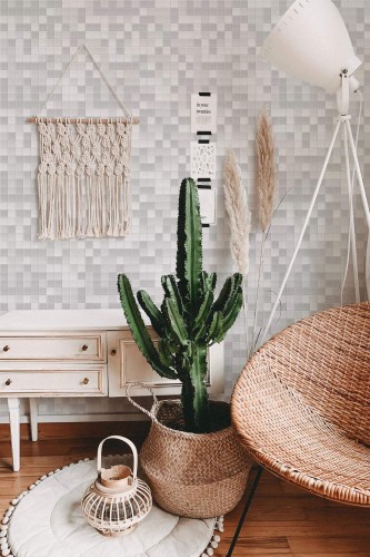 Bohemian style living room decorated with Gray and white mosaic peel and stick wallpaper