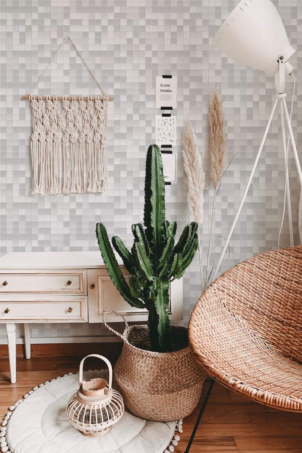 Bohemian style living room decorated with Gray and white mosaic peel and stick wallpaper