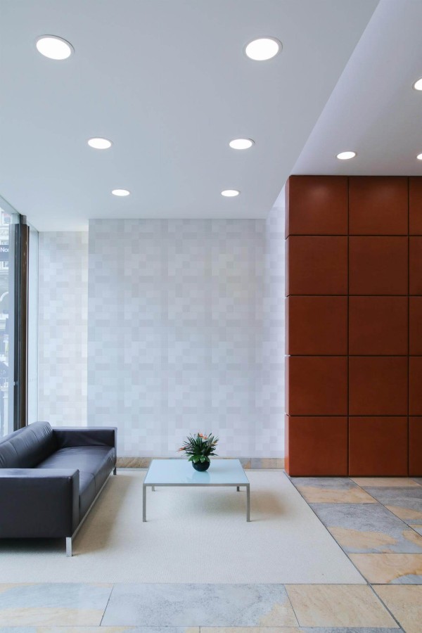 Minimal mid-century style living room decorated with Gray and white tile peel and stick wallpaper