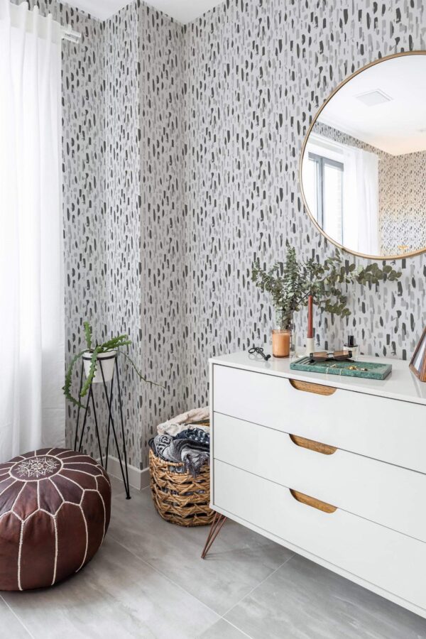 Scandinavian style bedroom decorated with Gray Brush stroke peel and stick wallpaper and Mediterranean accents