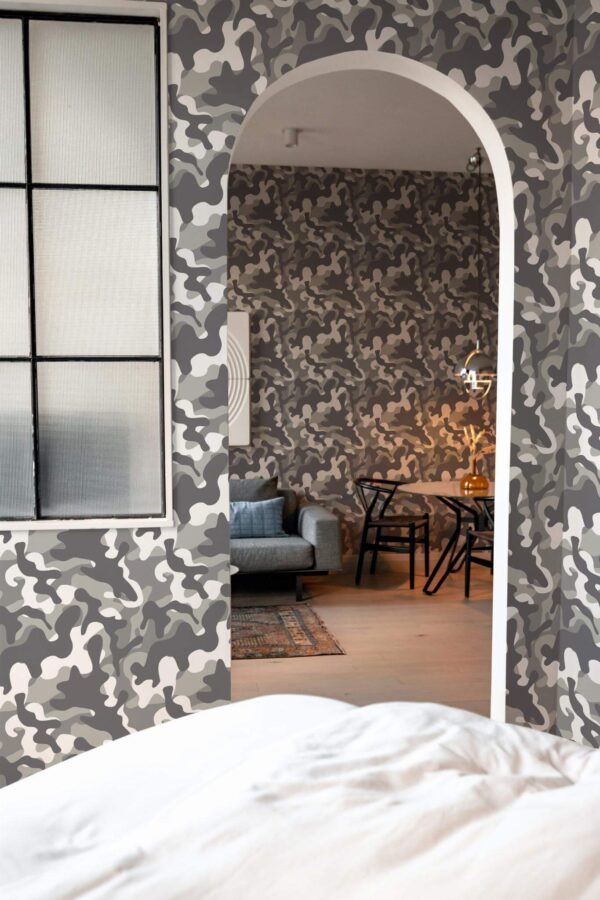 Modern scandinavian style living room decorated with Gray camouflage peel and stick wallpaper