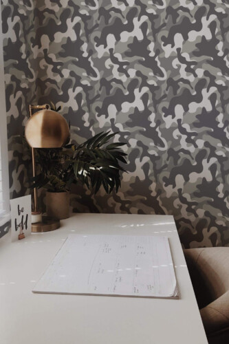Rustic style home office decorated with Gray camouflage peel and stick wallpaper