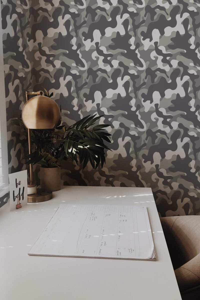Rustic style home office decorated with Gray camouflage peel and stick wallpaper