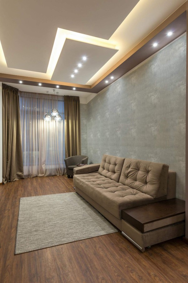 Modern Eastern European style living room decorated with Gray concrete kitchen peel and stick wallpaper