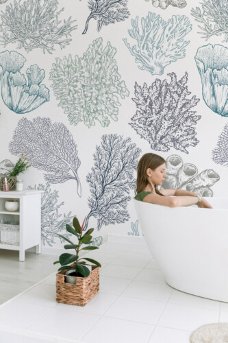 Coral Elegance Wall Mural with delicate gray and blue coral branches on a white base, perfect for bathrooms, spa-like interiors, or calming accent walls.