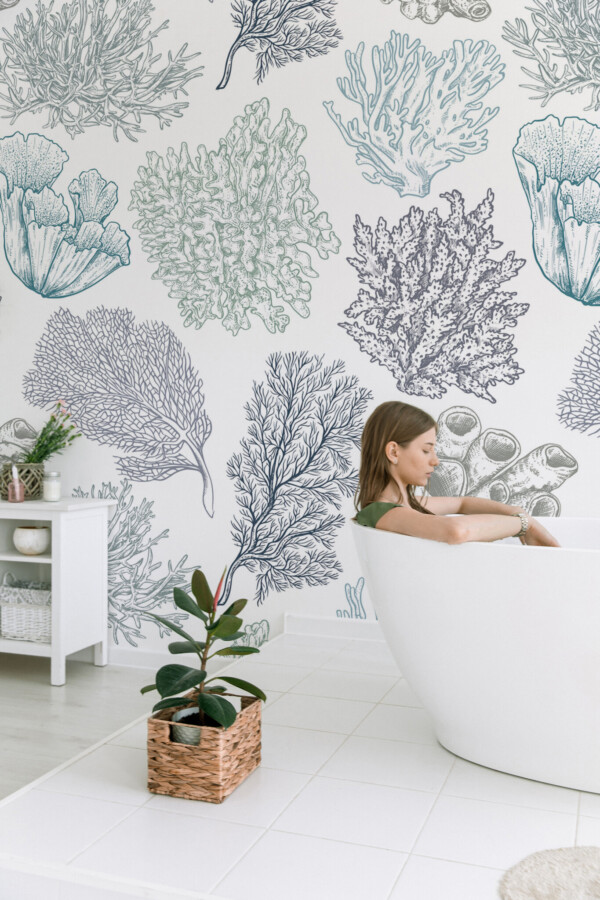Coral Elegance Wall Mural with delicate gray and blue coral branches on a white base, perfect for bathrooms, spa-like interiors, or calming accent walls.