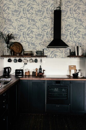 Elegant Kitchen Floral Wall Mural with gray vintage-style flowers on a soft beige background, perfect for kitchens, dining areas, or elegant accent walls.