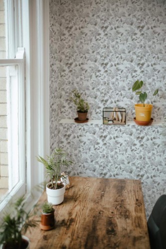 Farmhouse style home office decorated with Gray hortensia peel and stick wallpaper