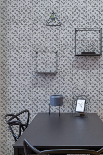 Industrial modern style dining room decorated with Gray leopard pattern peel and stick wallpaper