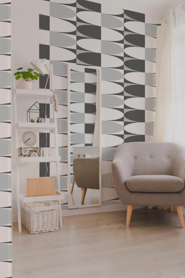 Light boho style living room decorated with Gray modern geometric peel and stick wallpaper