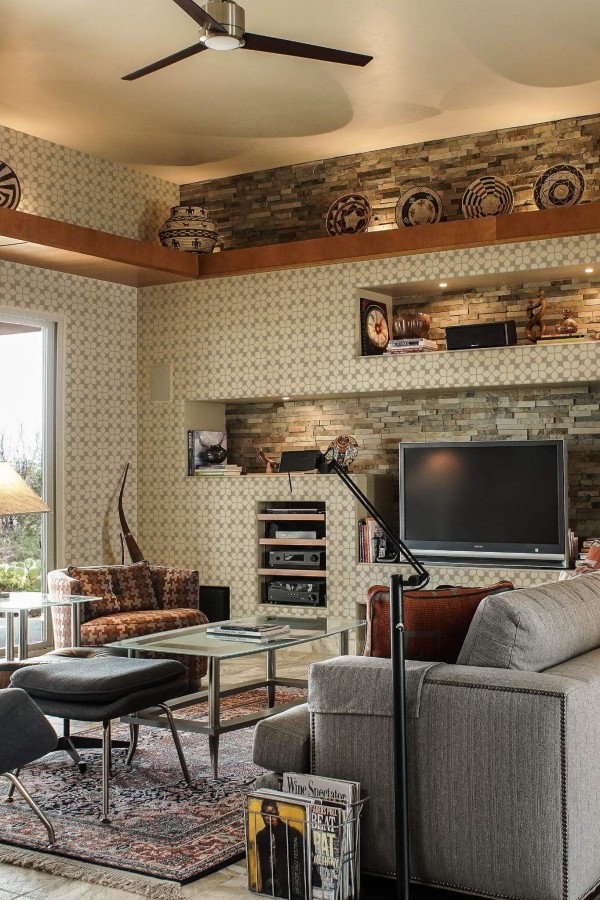 Scandinavian style living room decorated with Gray oriental tile peel and stick wallpaper and Mediterranean accents