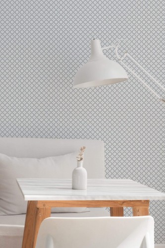 Minimal style dining room decorated with Gray polka dot peel and stick wallpaper
