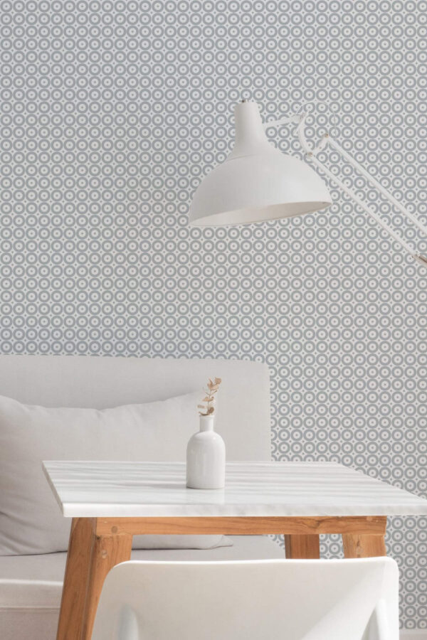 Minimal style dining room decorated with Gray polka dot peel and stick wallpaper