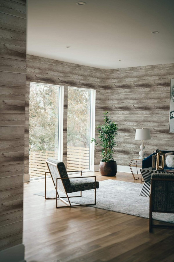 Modern style living room decorated with Gray shiplap wood peel and stick wallpaper