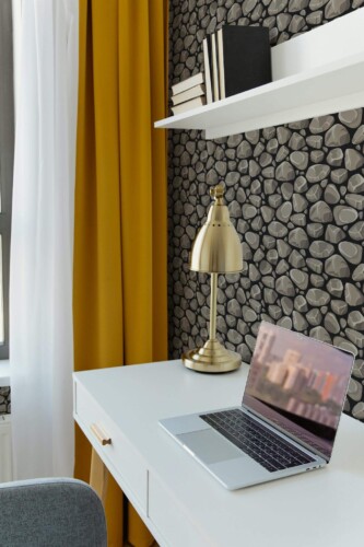 Scandinavian style home office decorated with Gray Stone peel and stick wallpaper